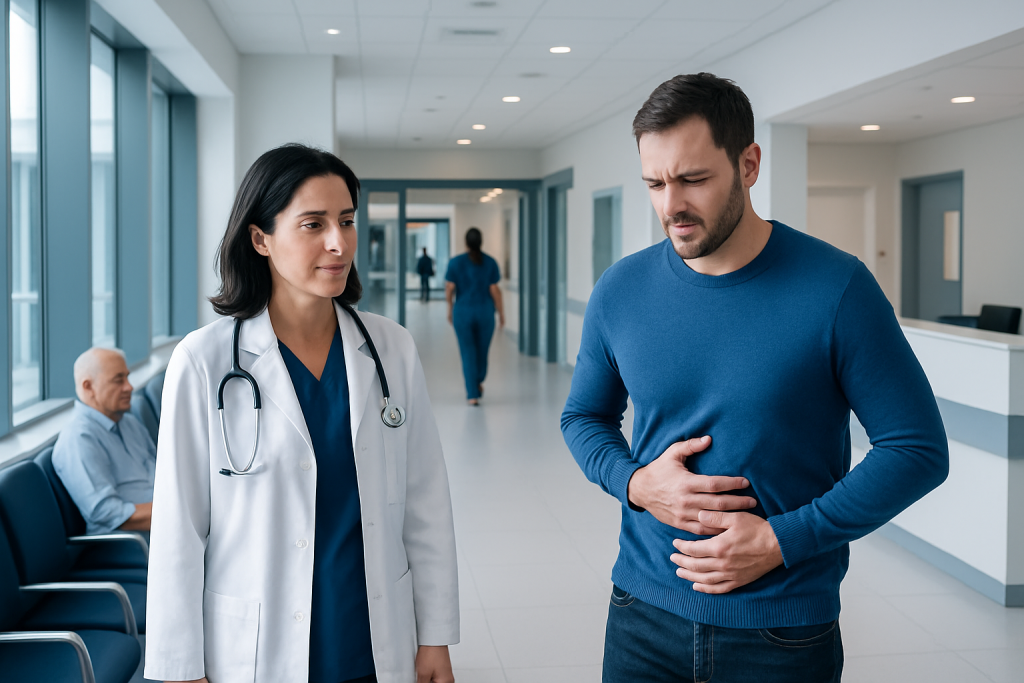 Dyspepsia Treatment: How It Works, Results and What to Expect 1 Patient experiencing stomach pain in hospital corridor with doctor present.