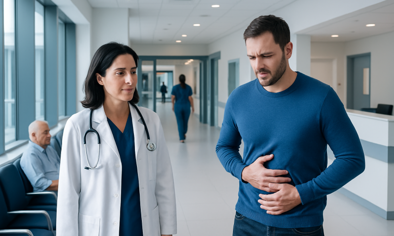 Patient experiencing stomach pain in hospital corridor with doctor present.