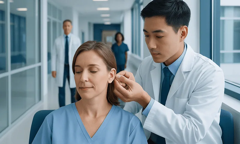 Doctor performing ear acupuncture on a patient in a hospital corridor.
