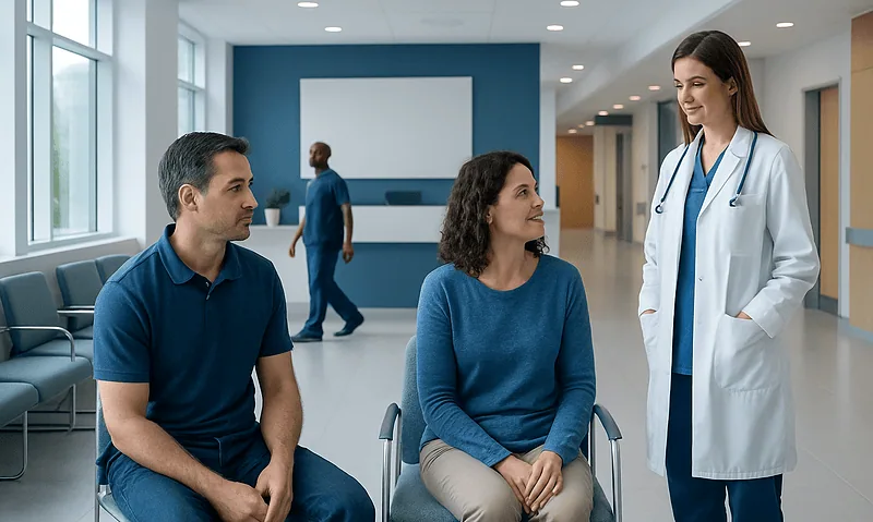 Doctor consulting with patients in a hospital corridor.
