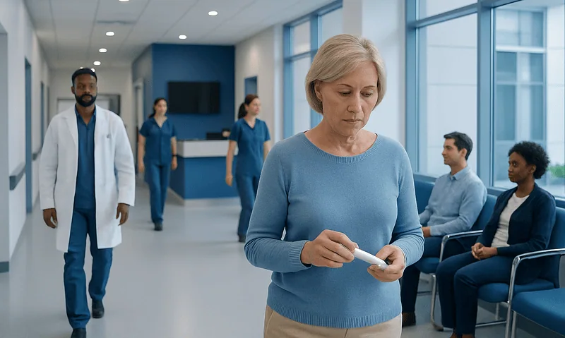 Healthcare professionals and patients in a modern hospital corridor.