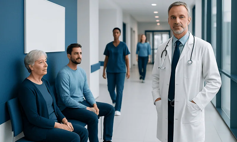 Doctor with patients in hospital corridor, healthcare setting.