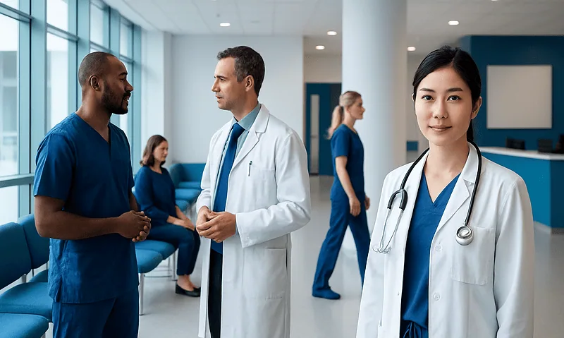 Healthcare professionals and patients in a modern hospital corridor.