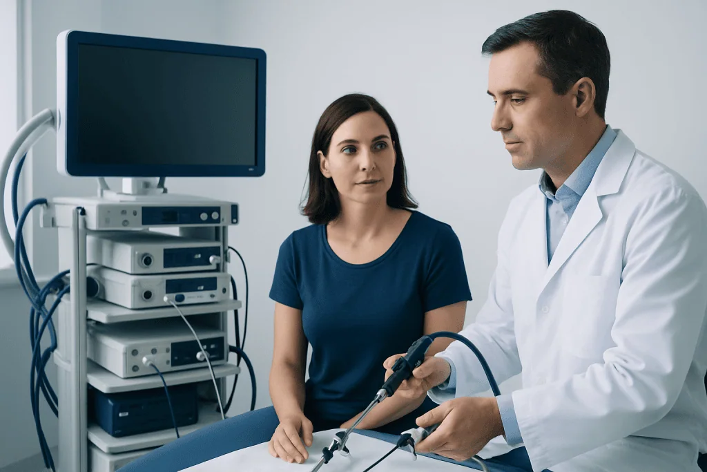 Doctor performing an ultrasound examination on a patient in a clinical setting.