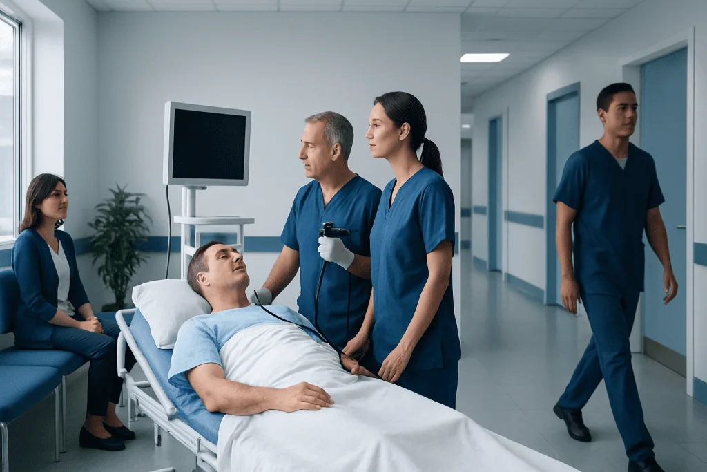 Endoscopic Removal: Procedure, Recovery and Results 1 Medical team preparing patient for endoscopic procedure in hospital.