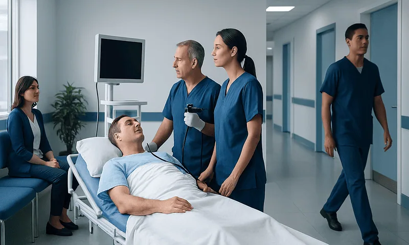 Endoscopic Removal: Procedure, Recovery and Results 5 Medical team preparing patient for endoscopic procedure in hospital.