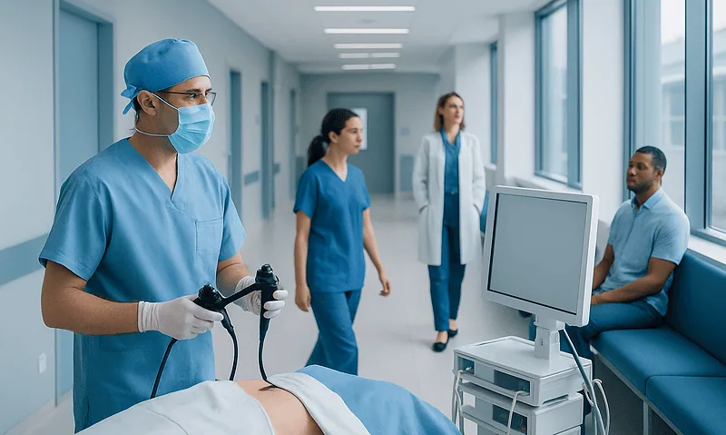 Medical team preparing for endoscopic surgery in hospital corridor.