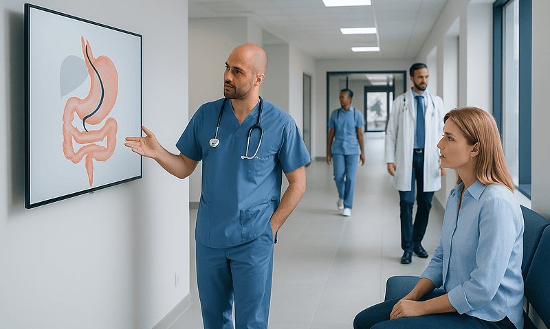 Doctor explaining stomach anatomy to patient in hospital corridor.