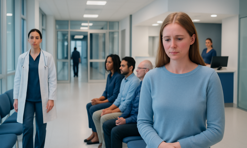 Young woman appears anxious in a hospital waiting area with medical staff and patients.