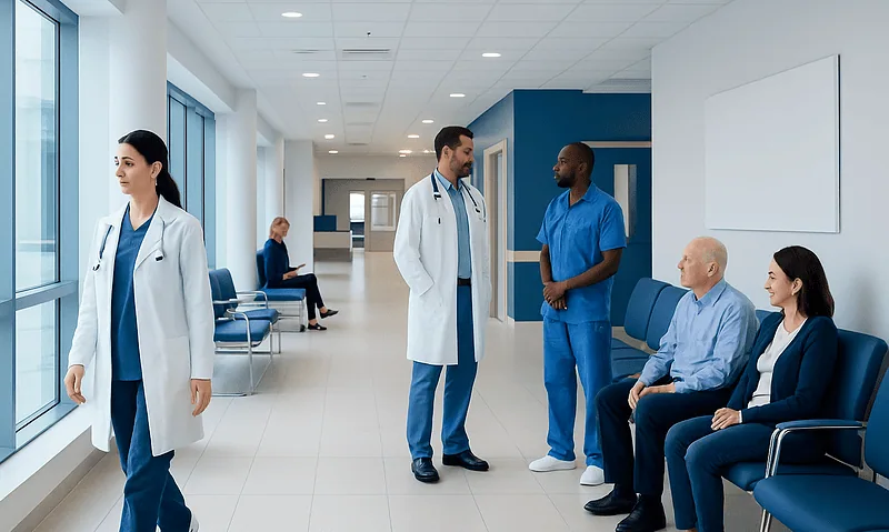 Healthcare professionals and patients in a modern hospital waiting area.