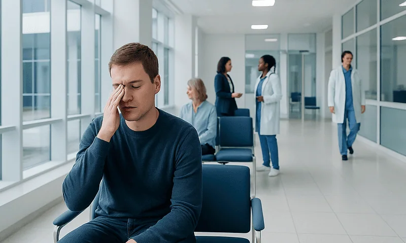 Young man experiencing fatigue in a hospital waiting area.