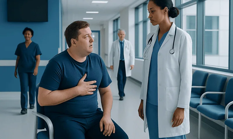 Patient consulting with doctor in hospital corridor with medical staff in background.
