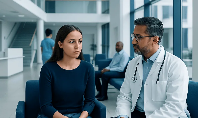 Doctor consulting with a young female patient in a modern hospital lobby.