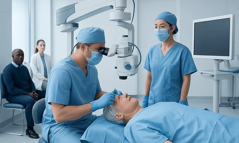 Surgeons perform eye surgery in a modern hospital operating room.