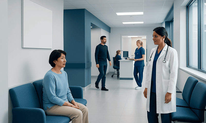 Doctor consulting a patient in a modern hospital corridor.