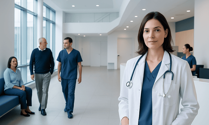Healthcare professionals and a doctor in a modern hospital lobby.