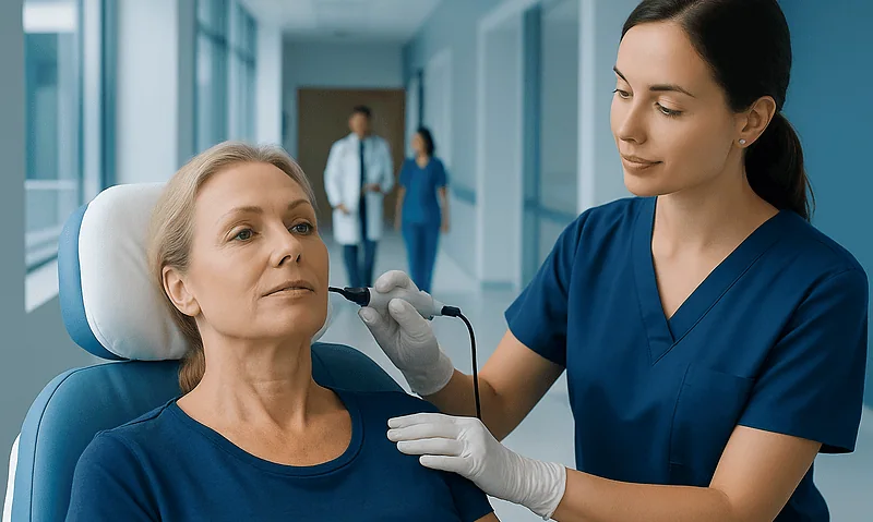 Medical professional performing a facial examination on a patient in a hospital.