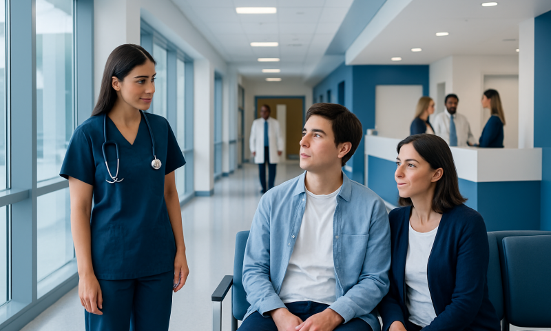 Healthcare professionals discussing patient care in hospital corridor.