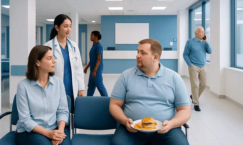 Hospital waiting area with patients and staff engaging in conversation.