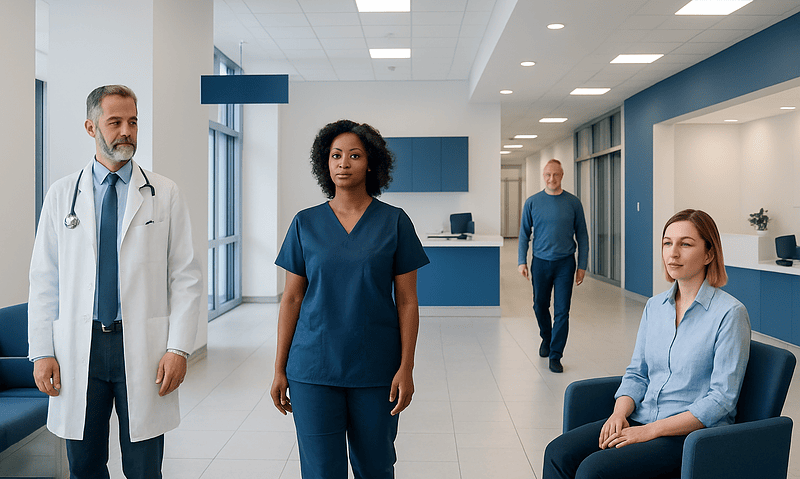 Medical team in hospital corridor with doctor, nurse, and patient.
