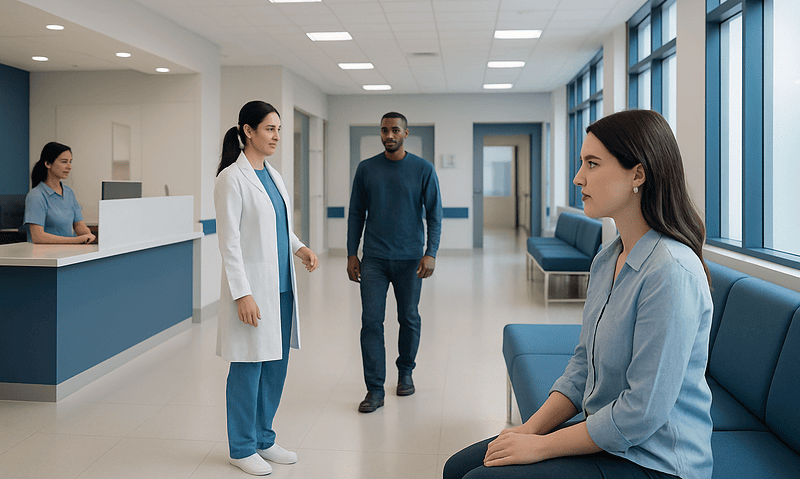 Patient waiting in hospital corridor at Acibadem Hospitals Group.