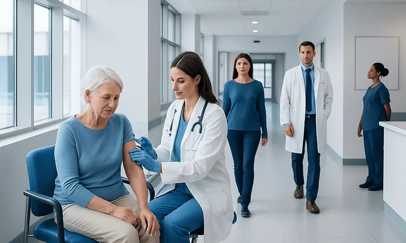 Healthcare professionals administering a vaccine to an elderly woman in a hospital corridor.