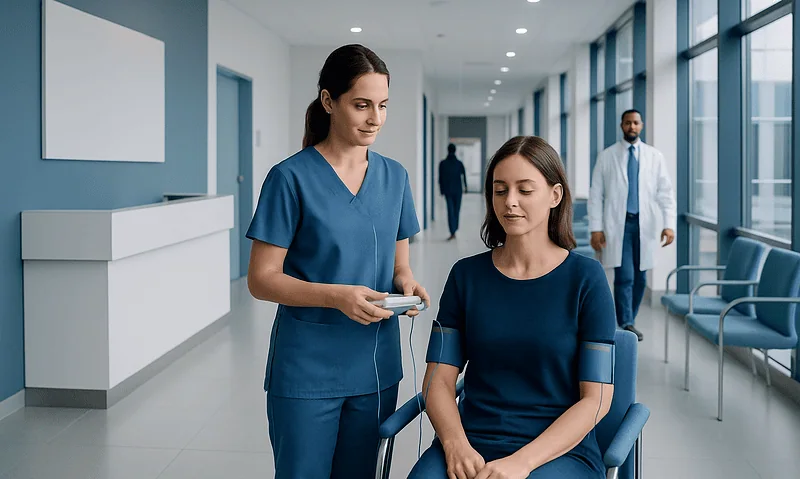 Nurse checking patient's blood pressure in hospital corridor.