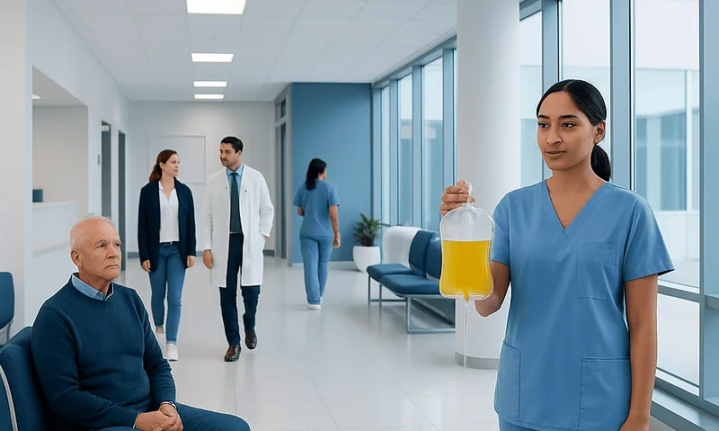 Nurse holding a yellow liquid in a hospital corridor with patients and staff.