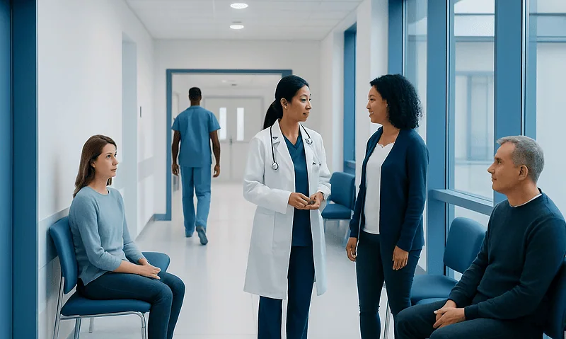 Medical consultation in hospital corridor with doctor and patients.