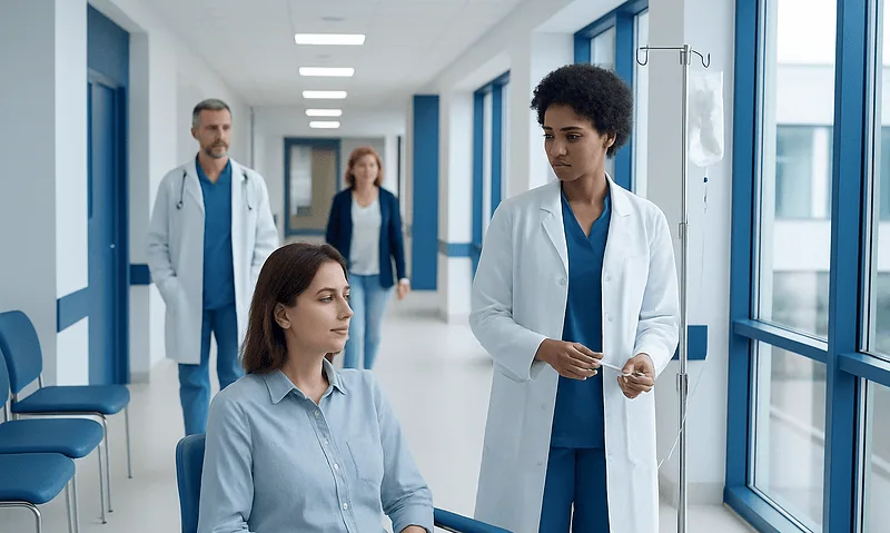 Medical team discussing patient care in hospital corridor.