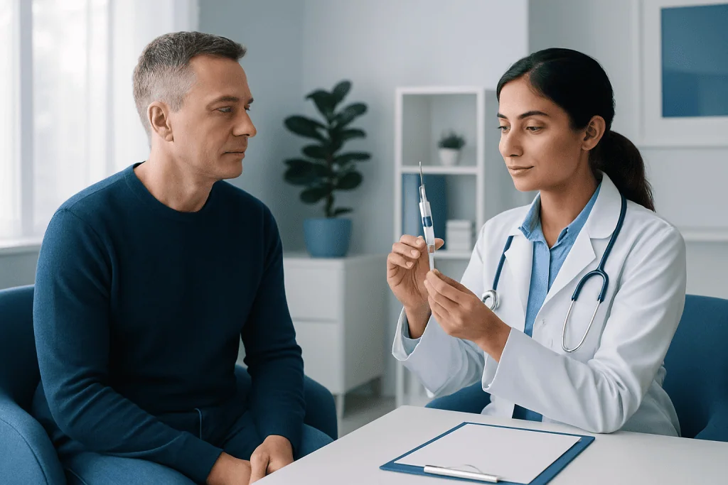 Doctor explaining gallium injection procedure to patient in clinic setting.
