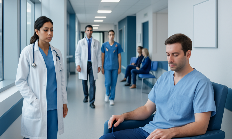 Medical team in hospital corridor with patient waiting area.