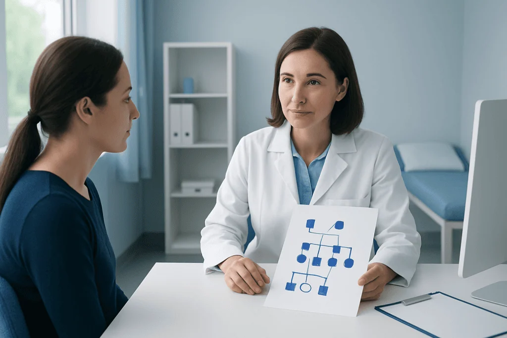 Doctor explaining genetic testing process to patient in clinic.