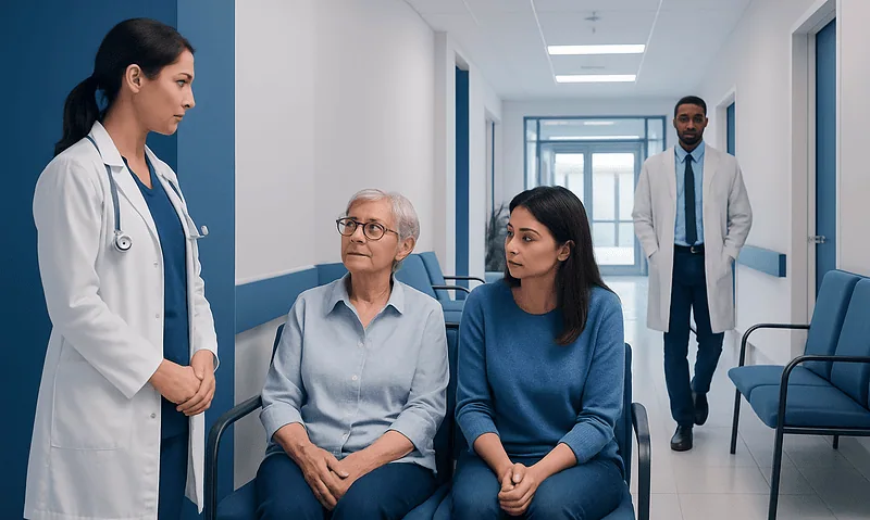 Doctor consulting with elderly patient and visitor in hospital corridor.
