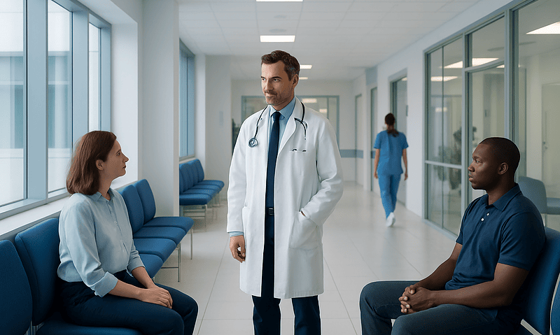 Doctor consulting with patients in a hospital corridor.