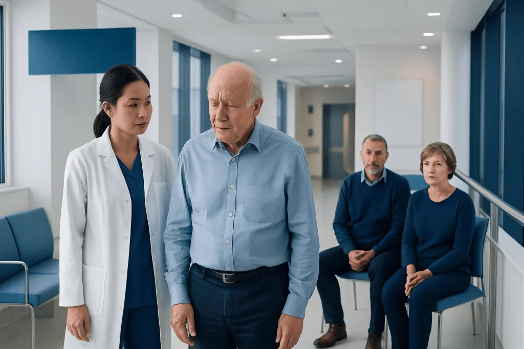 Global Aphasia: A Complete Medical Overview 1 Doctor consulting elderly patient in hospital corridor with waiting group.