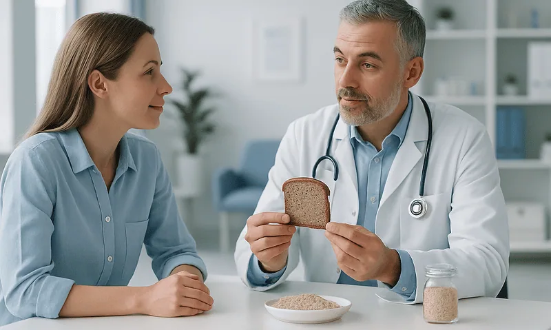 Doctor explaining gluten content to a patient in a clinic setting.