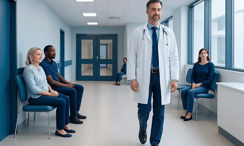 Doctor walking in hospital corridor with patients seated on benches.