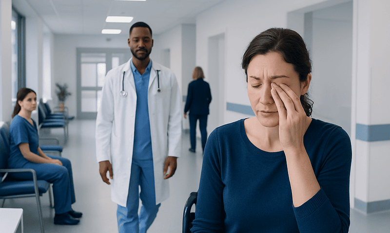 Patient experiencing eye discomfort in a hospital corridor.