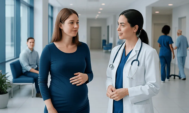 Patient consulting with doctor in hospital corridor.
