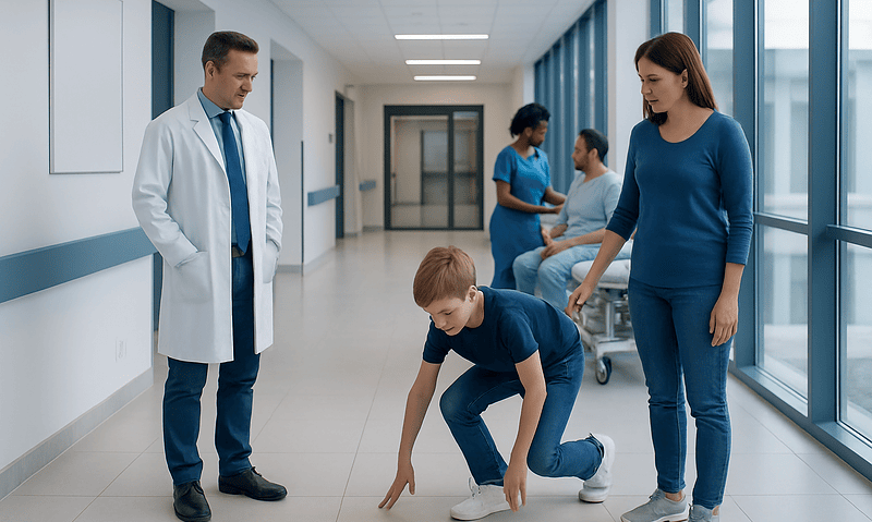 Child demonstrating Gowers sign in hospital corridor with medical staff.