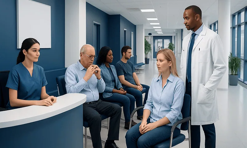 Health Library 15 Doctor consulting with patients in a hospital corridor.