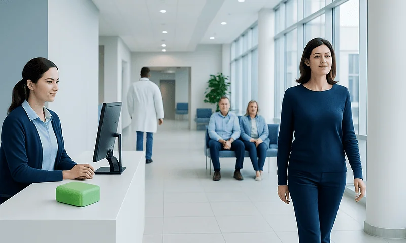 Modern hospital reception area with staff and patients.