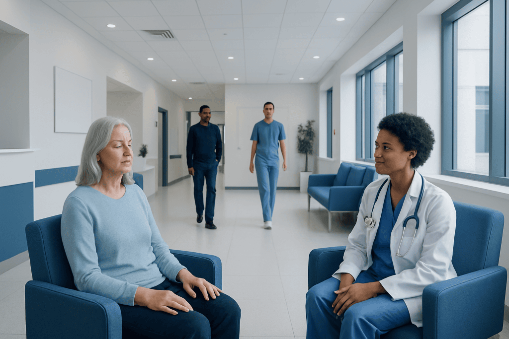 Guided Imagery: What Patients Need to Know 1 Doctor consulting with elderly patient in hospital corridor.