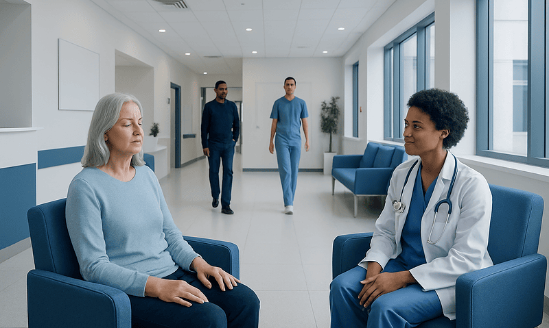 Guided Imagery: What Patients Need to Know 4 Doctor consulting with elderly patient in hospital corridor.