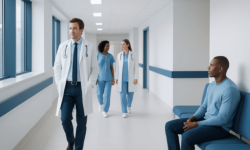 Medical team walking in hospital corridor with patient seated nearby.