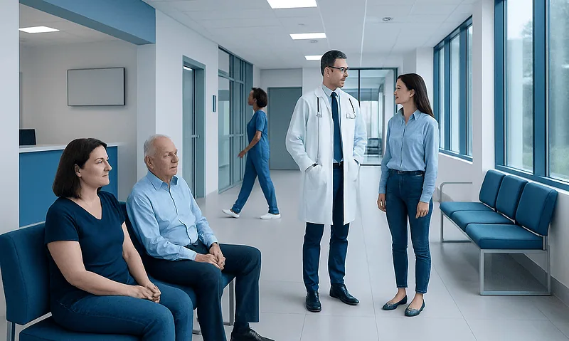 Patients and doctor in a hospital corridor at Acibadem Hospitals Group.