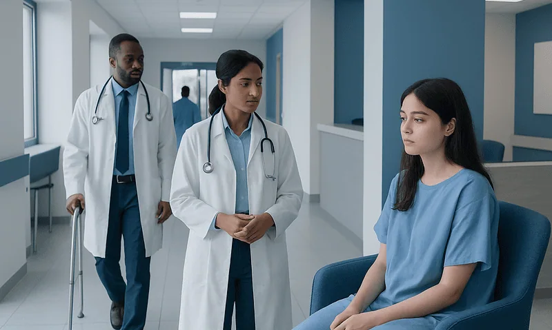 Medical team consulting a patient in a hospital corridor.