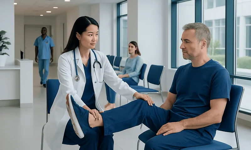 Doctor examining patient's leg in hospital corridor.