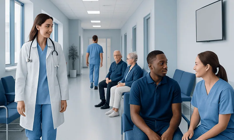 Healthcare professionals and patients in a hospital corridor at Acibadem Hospitals Group.
